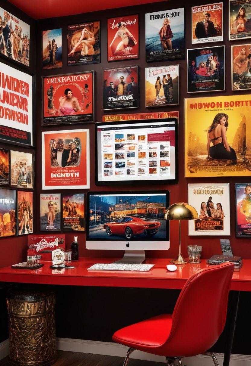 A visually striking collage showcasing a variety of adult entertainment themes, featuring trending genres, stylish movie posters, and a hint of playful sensuality. Include a modern, sleek workspace with a laptop displaying adult video thumbnails and trending tips. Use an alluring color palette with vibrant reds and reflective golds to evoke a sense of excitement and curiosity. Capture the essence of exploration and sophistication in adult entertainment. super-realistic. vibrant colors. glossy finish.